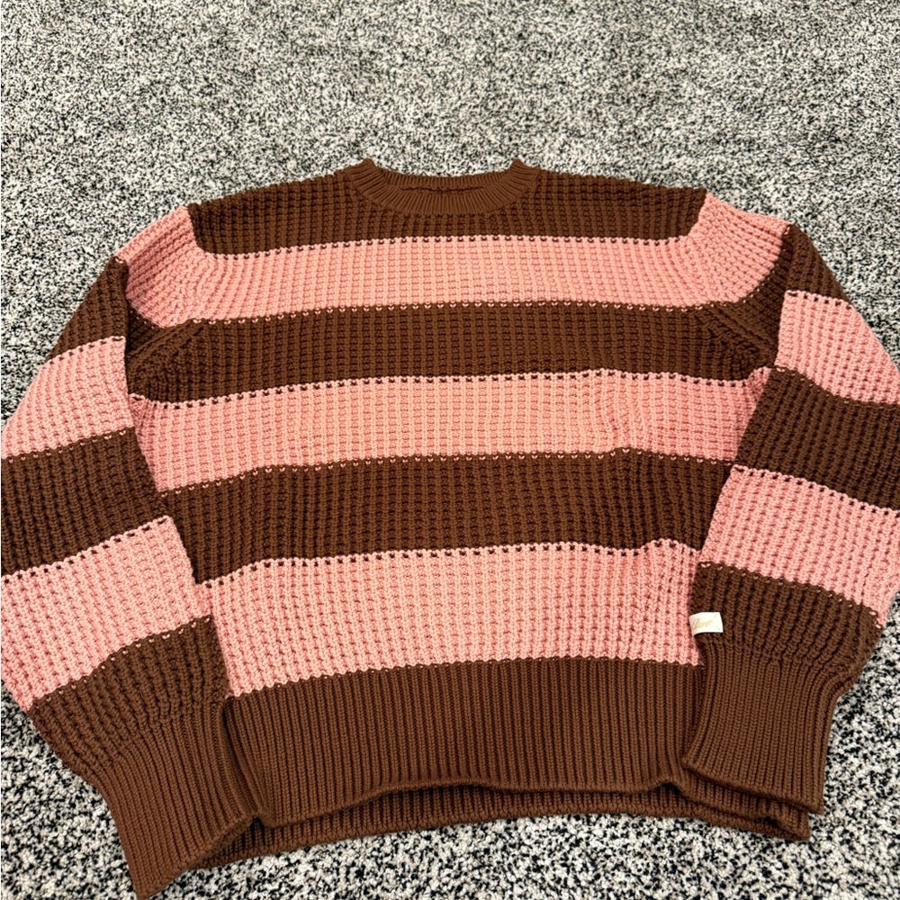 Aime Leon Dore Brown and Pink Striped Crewneck Sweater